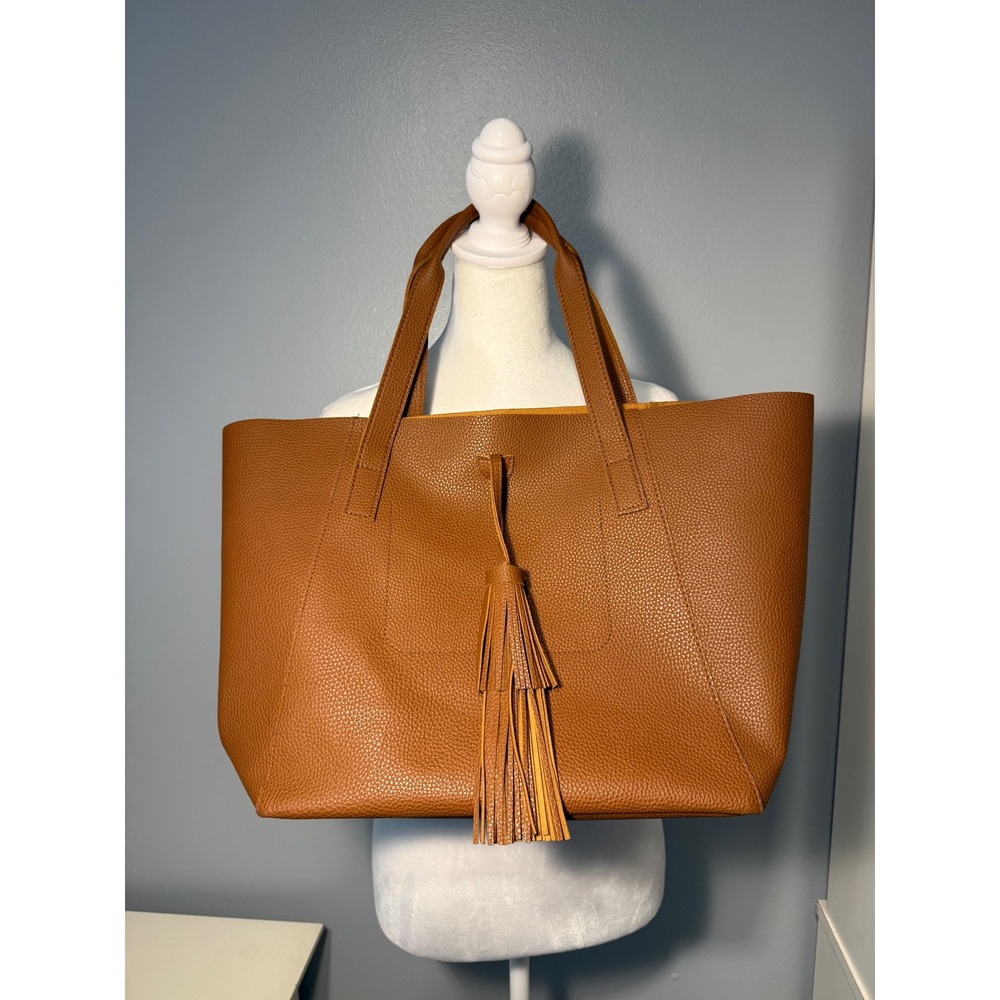 Tanger Cognac Brown Pebbled Faux Leather Tote Bag with Tassel Accent Large